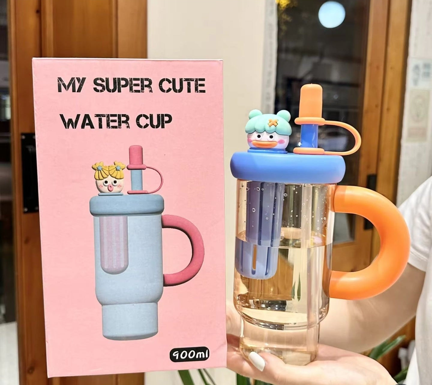 Cute Cartoon Handle Tumbler with Straw | Premium Aesthetic Water Bottle | 900ml.