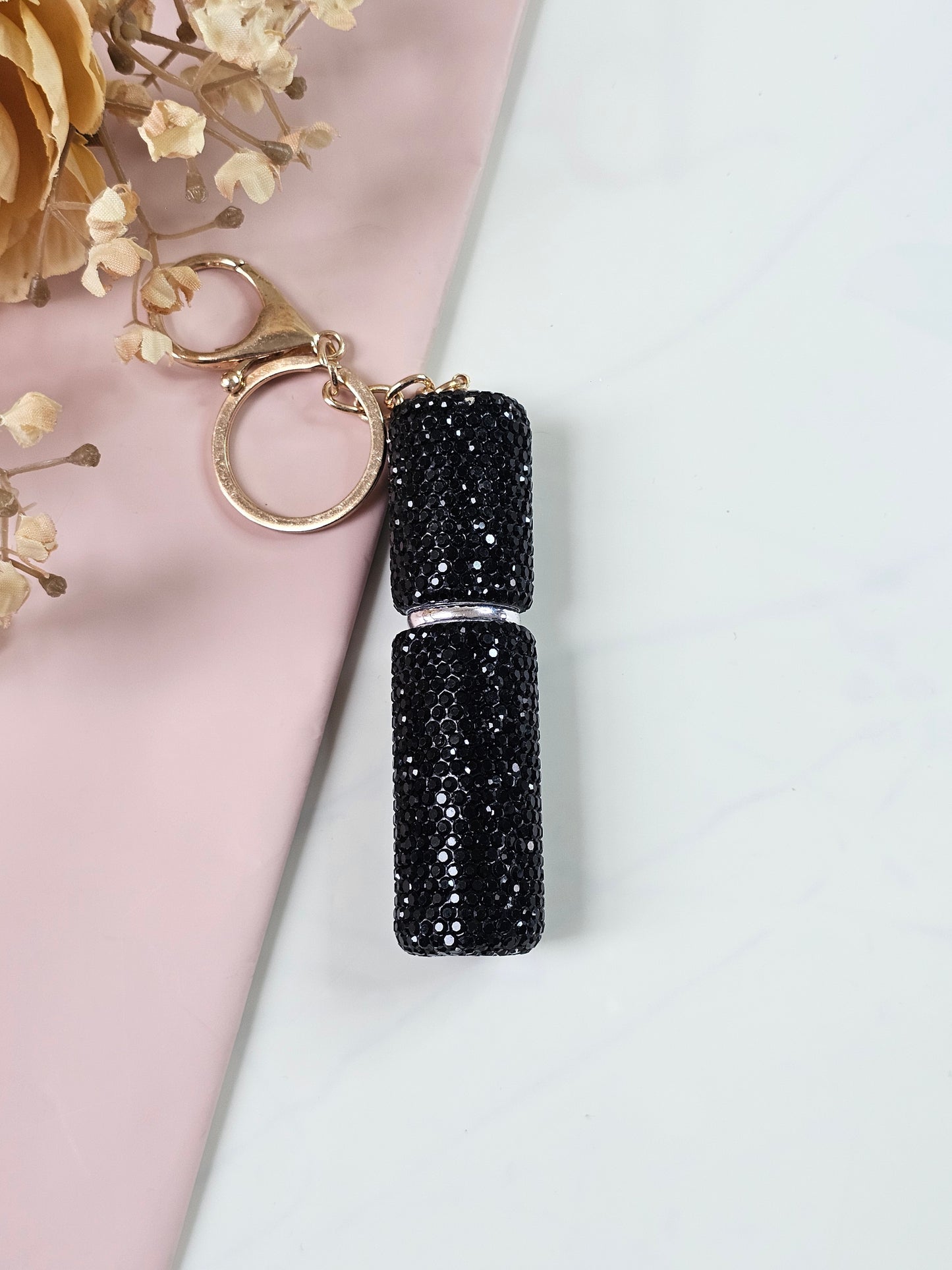 Refillable Rhinestone Perfume Atomizer Keychain | Portable Travel Perfume Spray Bottle | Black & Rose Gold