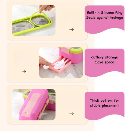 Kids Lunch Box with 2 Compartments | 600ml Stainless Steel Slim Compact Tiffin | Leakproof School Tiffin Dabba Box for Boys & Girls with Spoon & Fork | Lightweight -Space, Dino, Unicorn Prints.