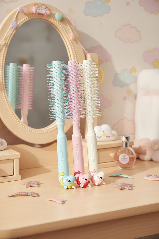 Cute Unicorn Round Hair Brush for Girls – Soft Pastel Styling Comb.