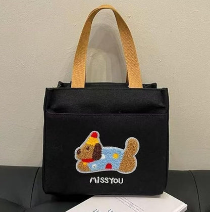 Cute Dog Embroidered Canvas Tote Bag | Everyday Shoulder Bag