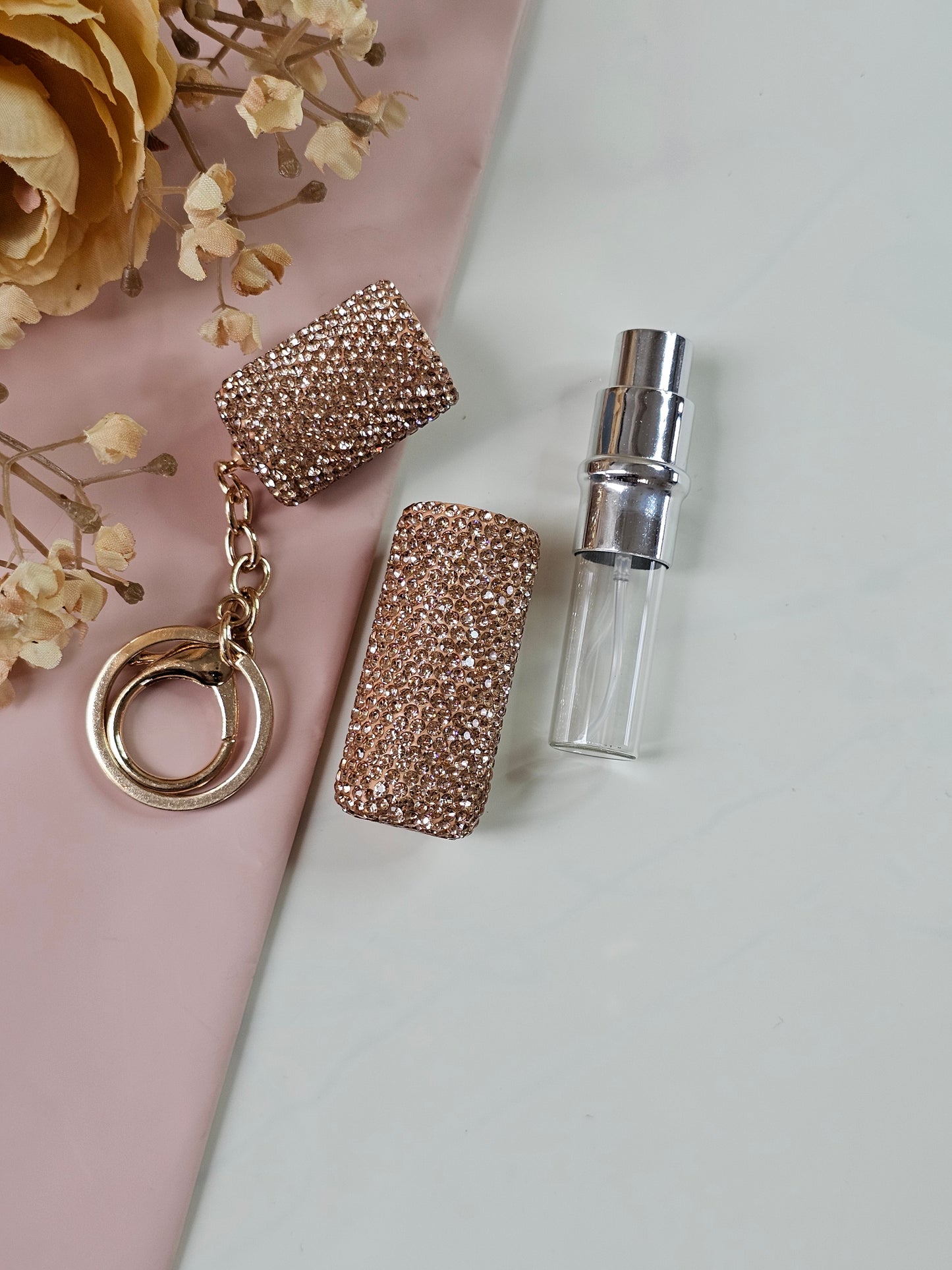 Refillable Rhinestone Perfume Atomizer Keychain | Portable Travel Perfume Spray Bottle | Black & Rose Gold