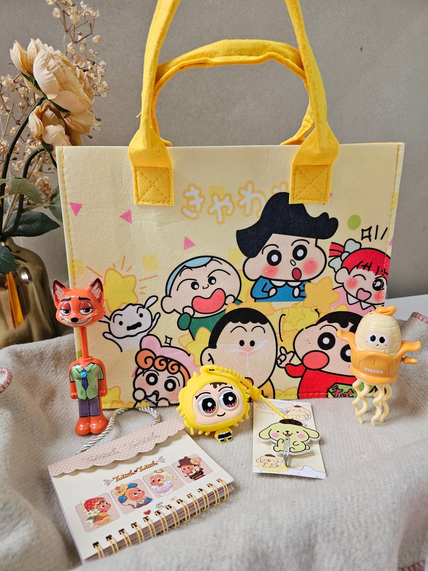 The Gift Fairy Rakhi Hamper for Girls & Boys | Premium Aesthetic Gift Hamper | ShinChan Felt Bag