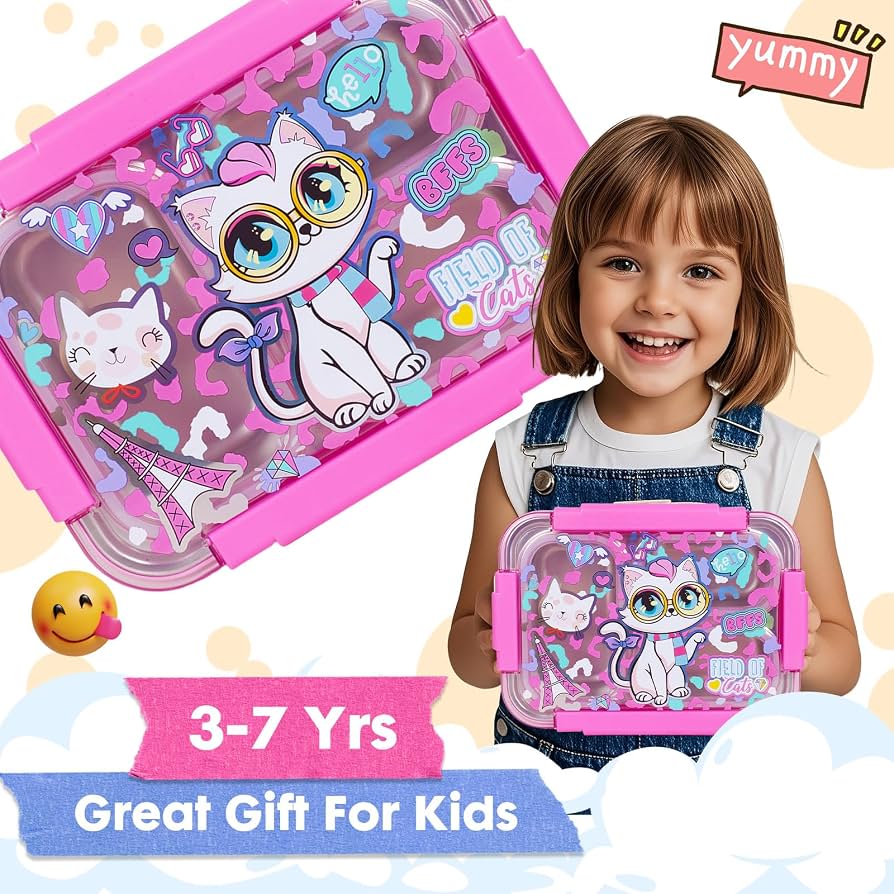Premium Stainless Steel Bento Lunch Box for Kids | 710ml (23.5oz) | Leak-Proof 3 Compartment | BPA-Free | Kitty Print