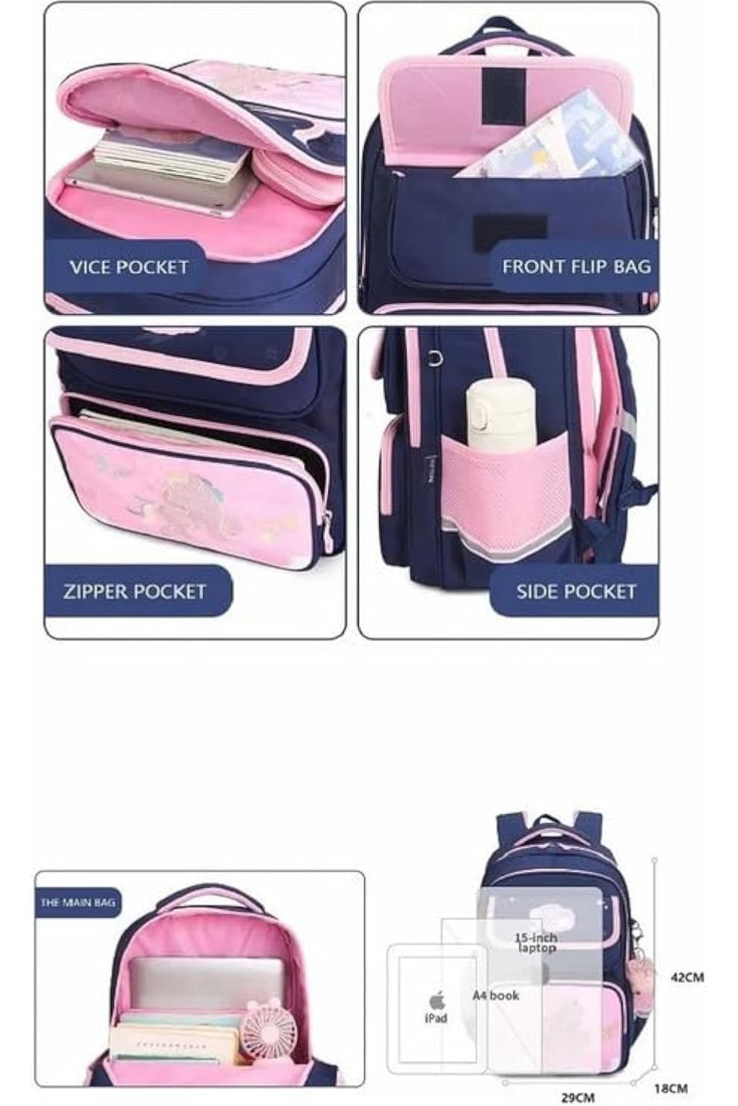 Premium Unicorn School Backpack Set for Girls – 4 Pc Combo (Backpack, Lunch Box, Pencil Case & Bottle) [Pink]
