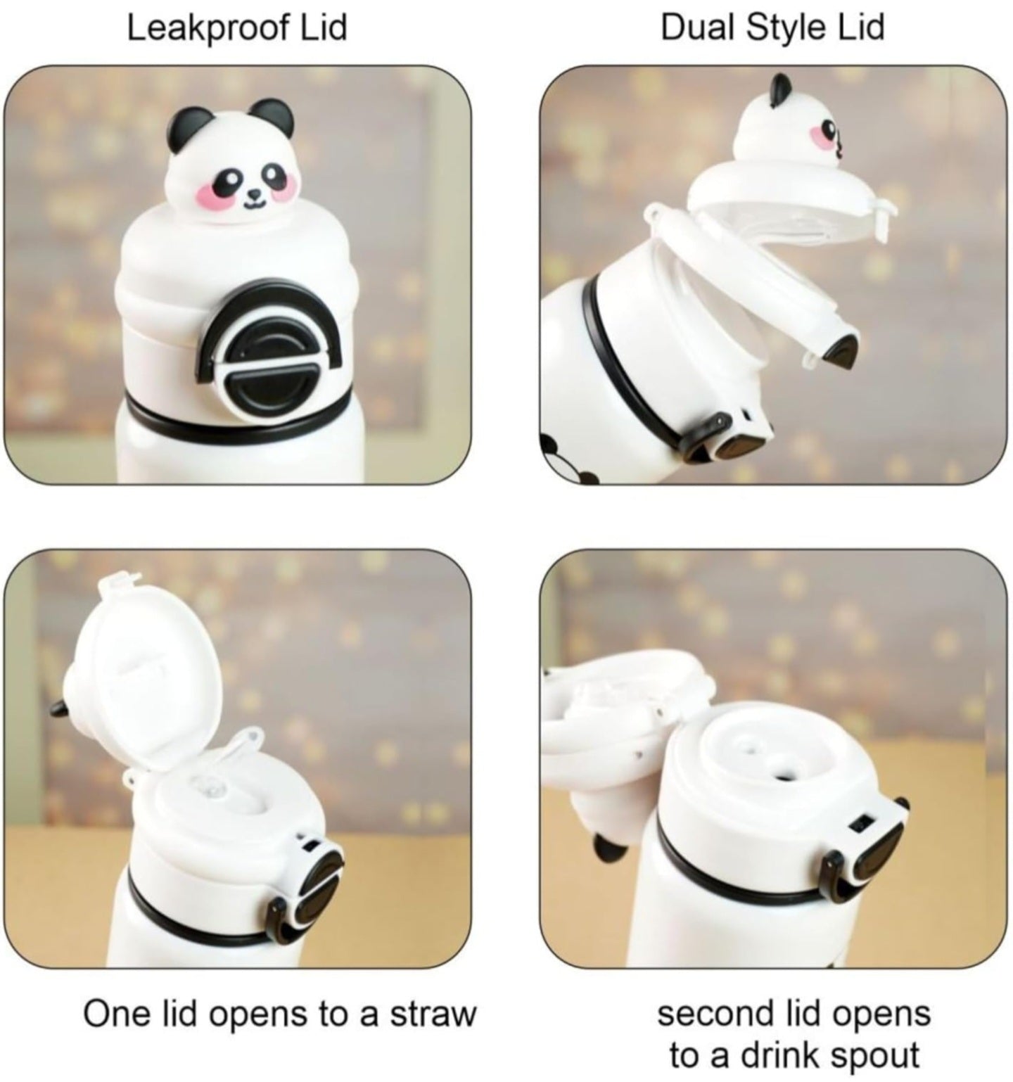 Cute Panda Water Bottle for School Kids (500ml) | Leak-Proof | Flip Cap & Strap |Dual Cap | Stainless Steel Bottle for Boys & Girls (White)