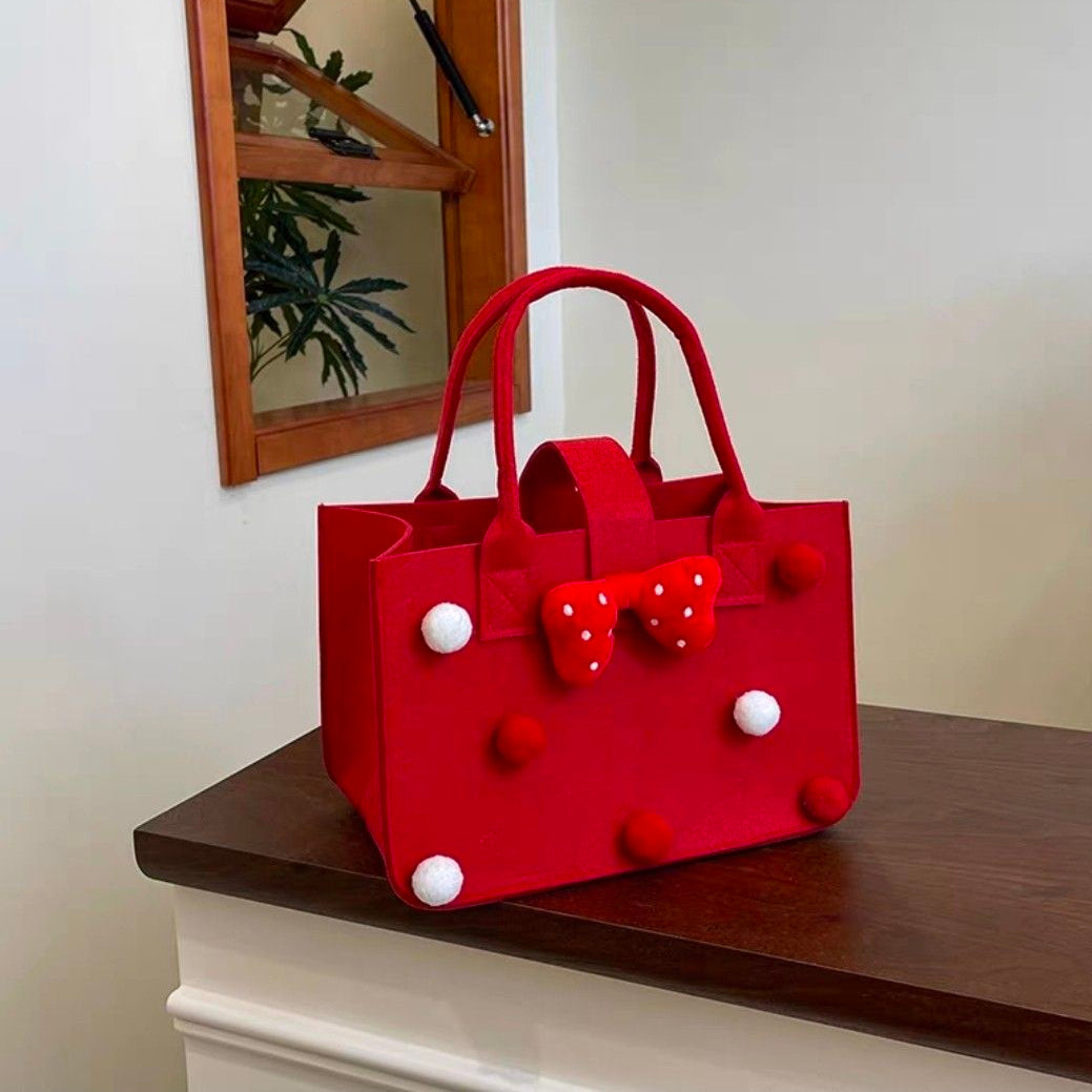 Felt Tote Bag with Pom-Pom Charms & Cute Cartoon Accessories –