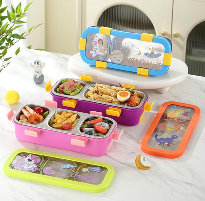 Kids Lunch Box with 2 Compartments | 600ml Stainless Steel Slim Compact Tiffin | Leakproof School Tiffin Dabba Box for Boys & Girls with Spoon & Fork | Lightweight -Space, Dino, Unicorn Prints.