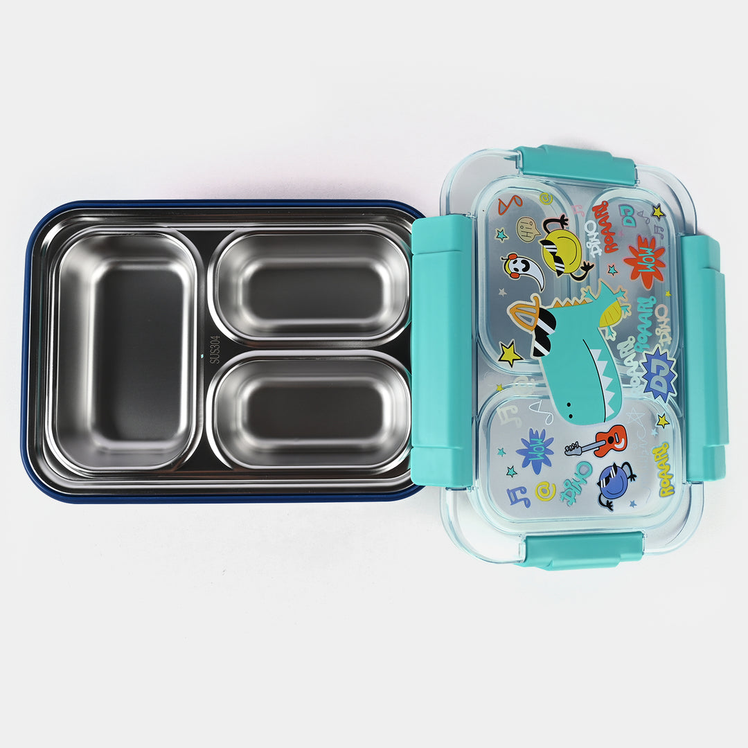 Premium Stainless Steel Bento Lunch Box for Kids | 710ml (23.5oz) | Leak-Proof 3 Compartment | BPA-Free | Dino Print.