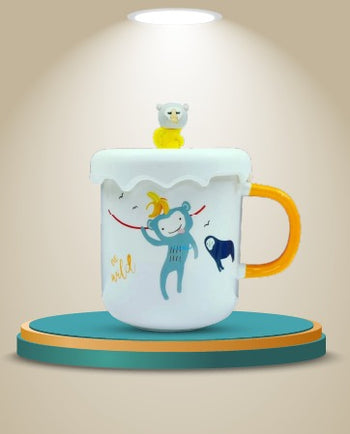 Cute Wild Monkey Ceramic Mug with Lid | Kids Cartoon Coffee Cup with Handle.