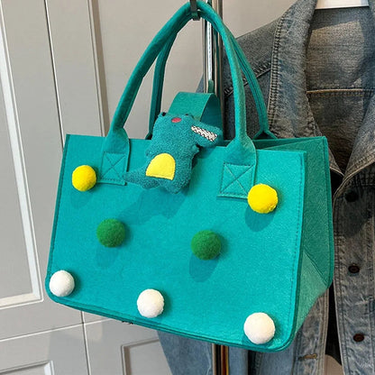 Felt Tote Bag with Pom-Pom Charms & Cute Cartoon Accessories –