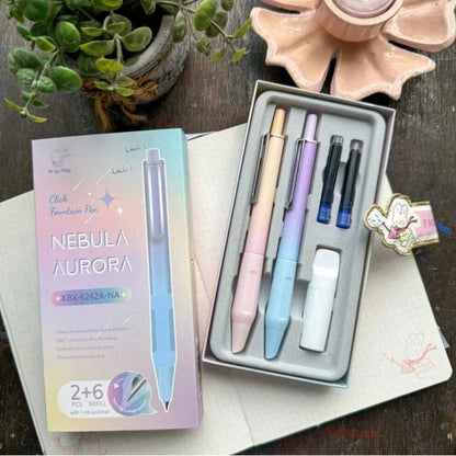 Nebula Aurora Click Fountain Pen Set | Refillable Aesthetic Fountain Pen.