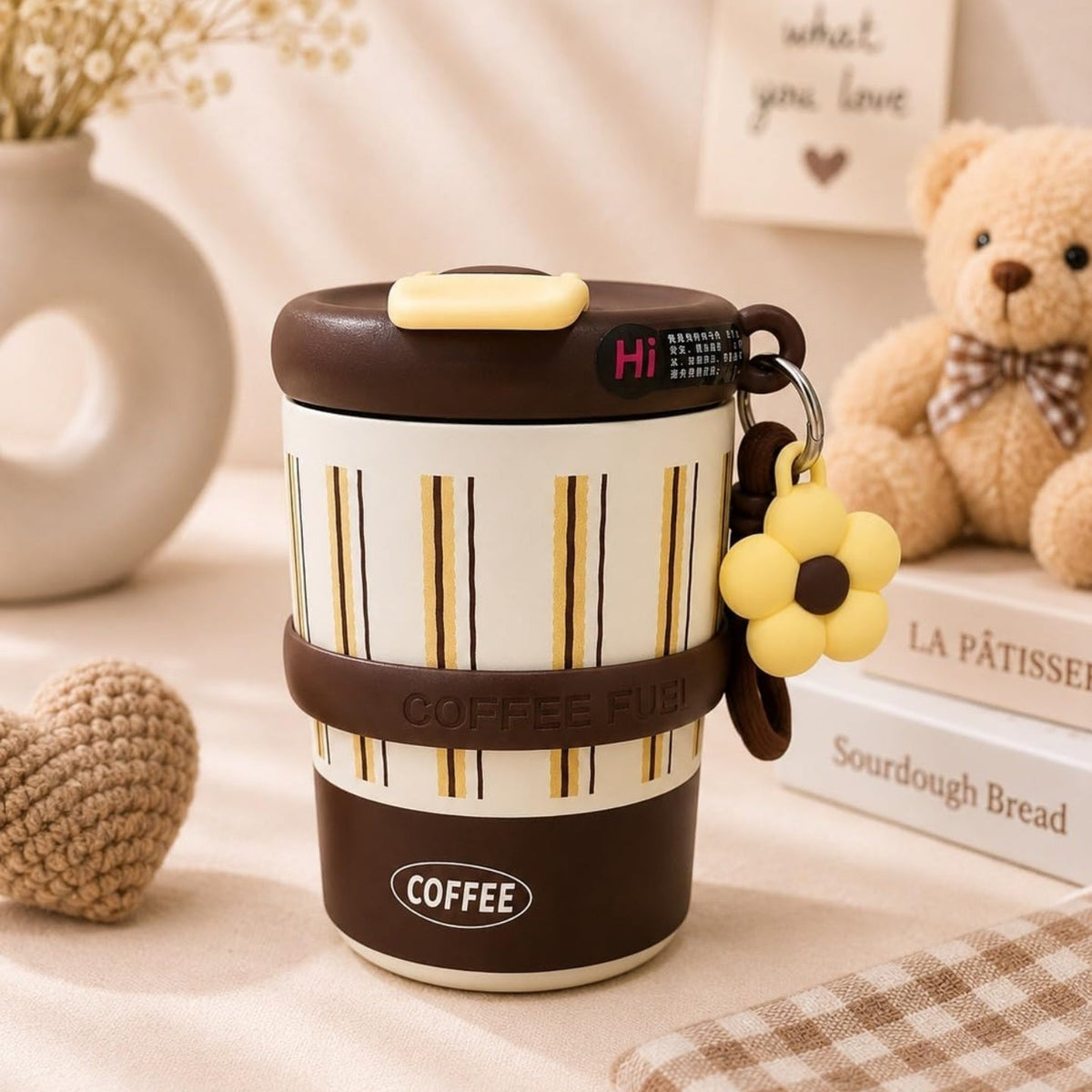 Korean Flower Charm Travel Tumbler 350ml | Cute Portable Coffee Cup