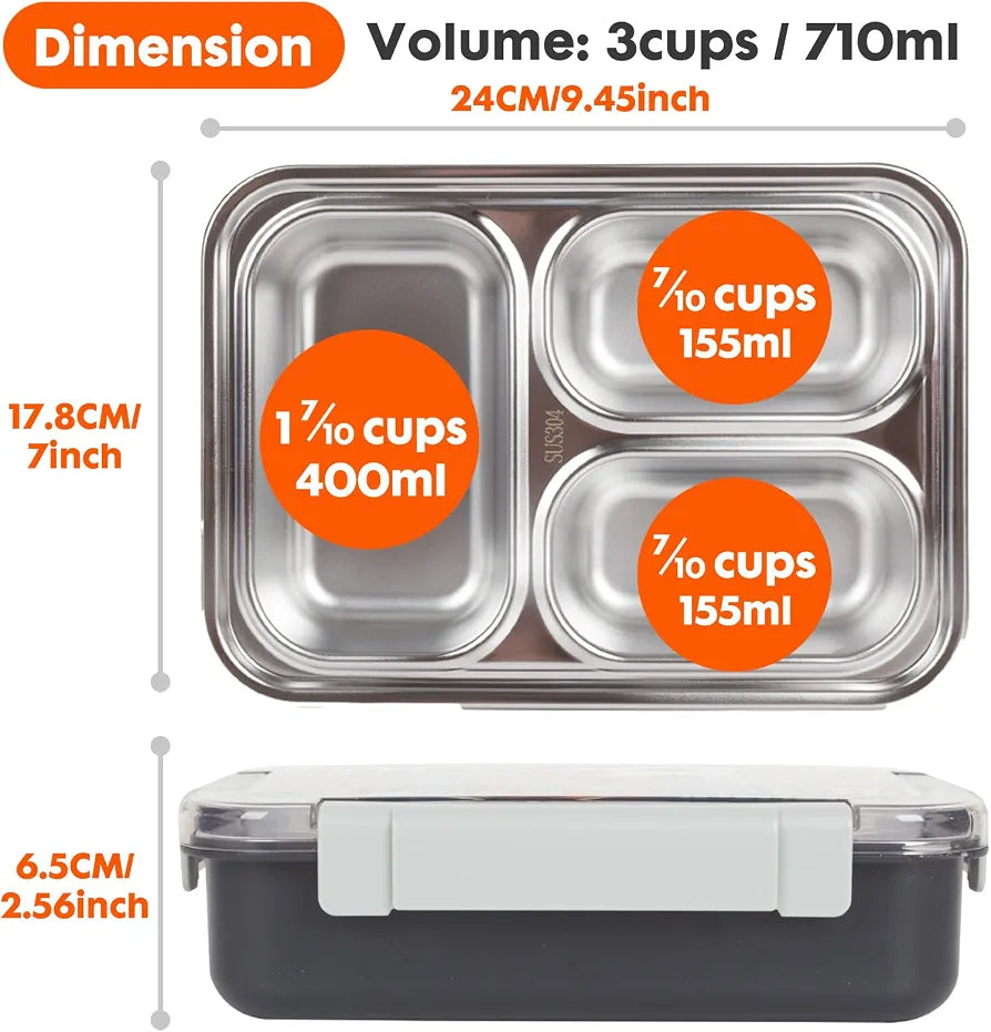 Vest Premium Stainless Steel Bento Lunch Box for Kids | 710ml (23.5oz) | Leak-Proof 3 Compartment | BPA-Free | Football Print