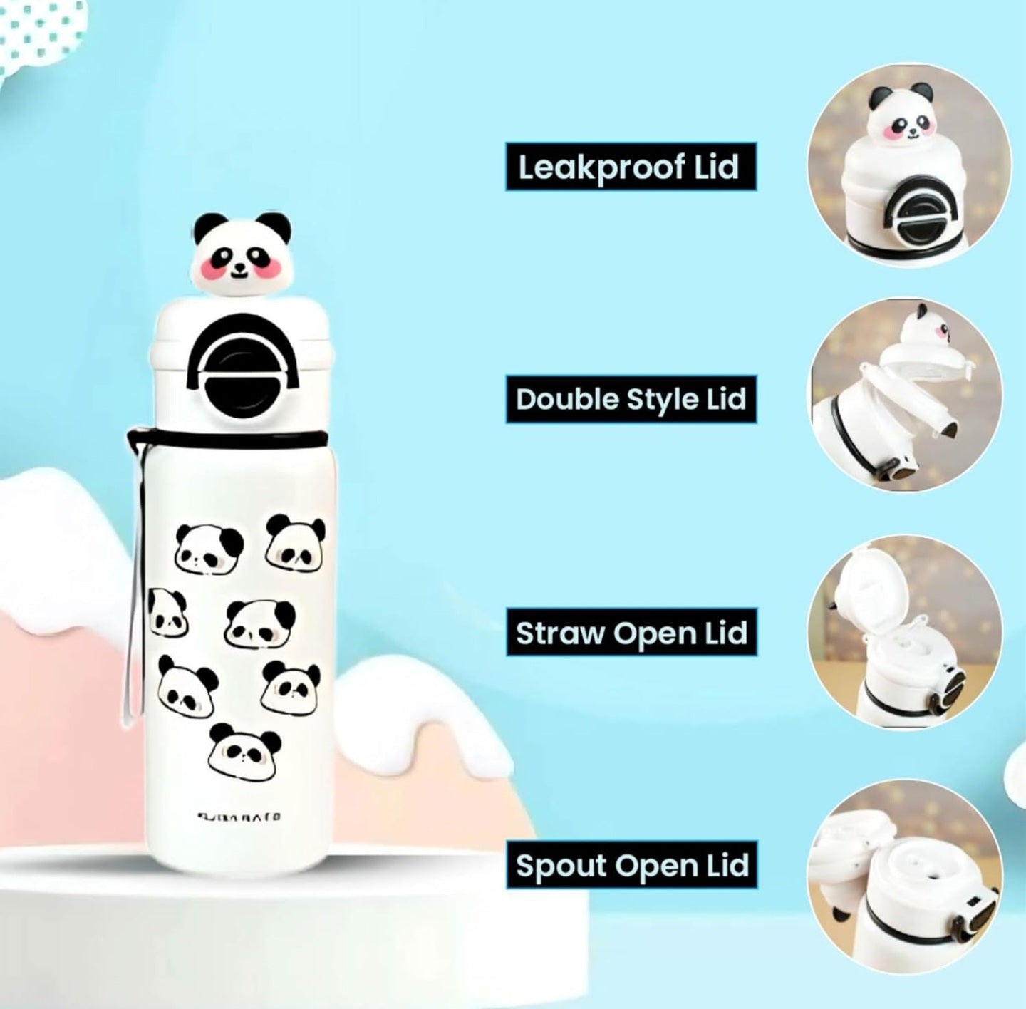 Cute Panda Water Bottle for School Kids (500ml) | Leak-Proof | Flip Cap & Strap |Dual Cap | Stainless Steel Bottle for Boys & Girls (White)