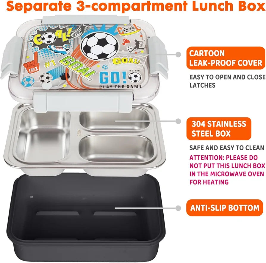 Vest Premium Stainless Steel Bento Lunch Box for Kids | 710ml (23.5oz) | Leak-Proof 3 Compartment | BPA-Free | Football Print