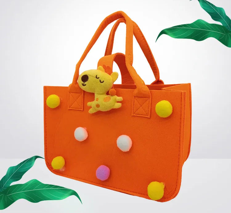 Felt Tote Bag with Pom-Pom Charms & Cute Cartoon Accessories –