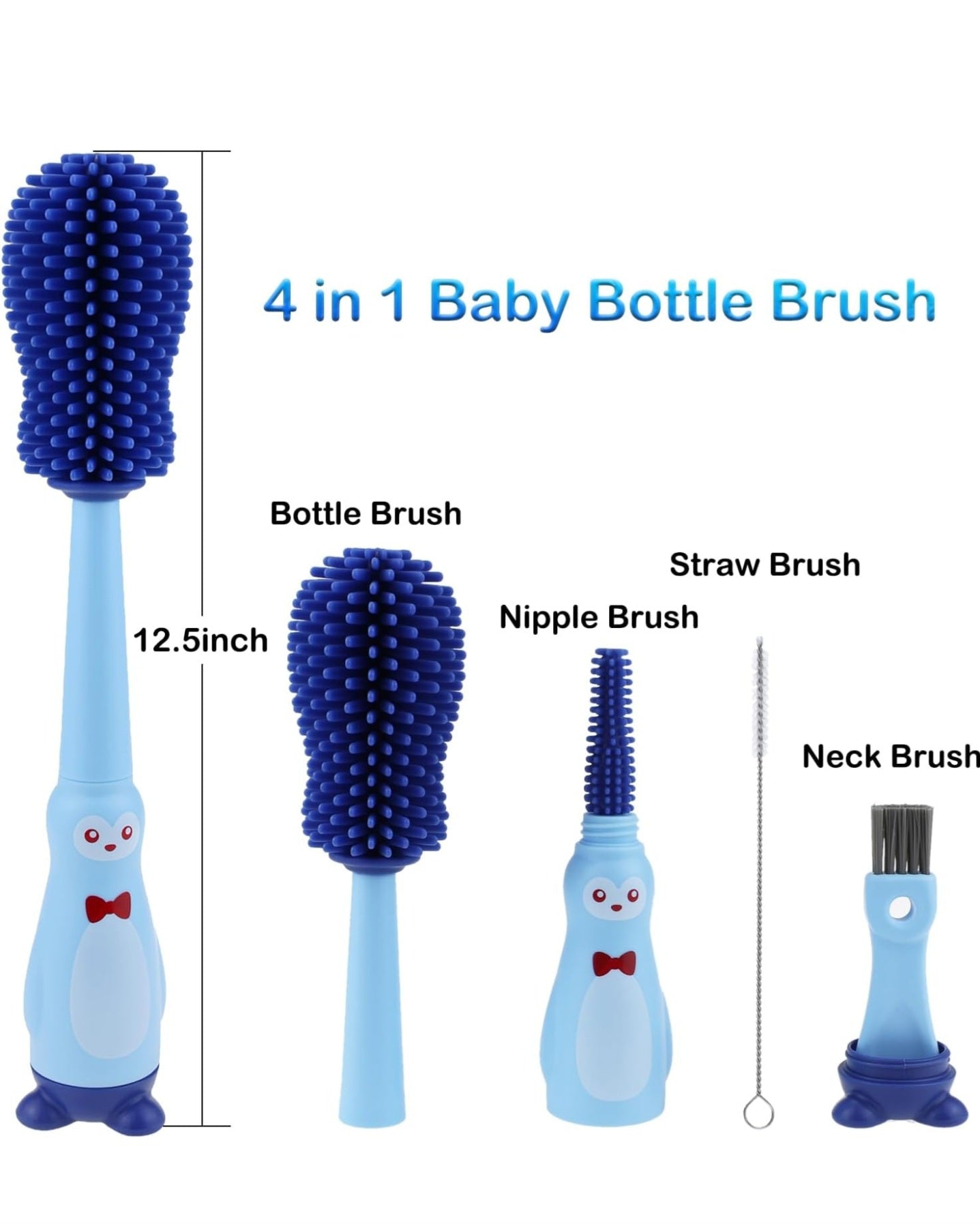 Silicone Bottle Cleaning Brush for Baby, 4-in-1 Baby Bottles Cleaner Set - Bottle/Straw/Nipple/Neck Brushes (Blue)