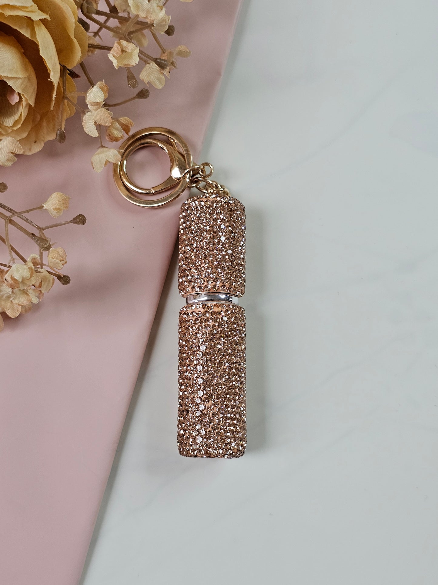 Refillable Rhinestone Perfume Atomizer Keychain | Portable Travel Perfume Spray Bottle | Black & Rose Gold