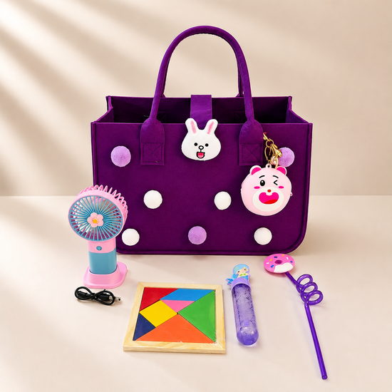Felt Tote Bag with Pom-Pom Charms & Cute Cartoon Accessories –