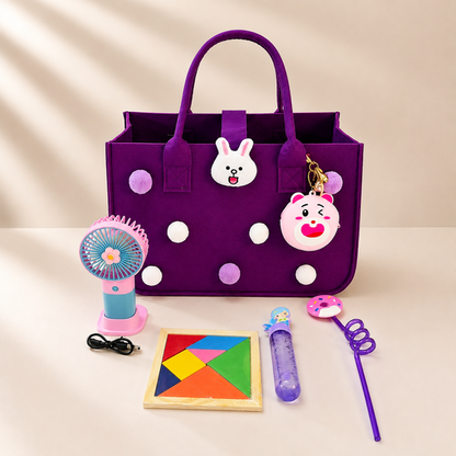 Felt Tote Bag with Pom-Pom Charms & Cute Cartoon Accessories –