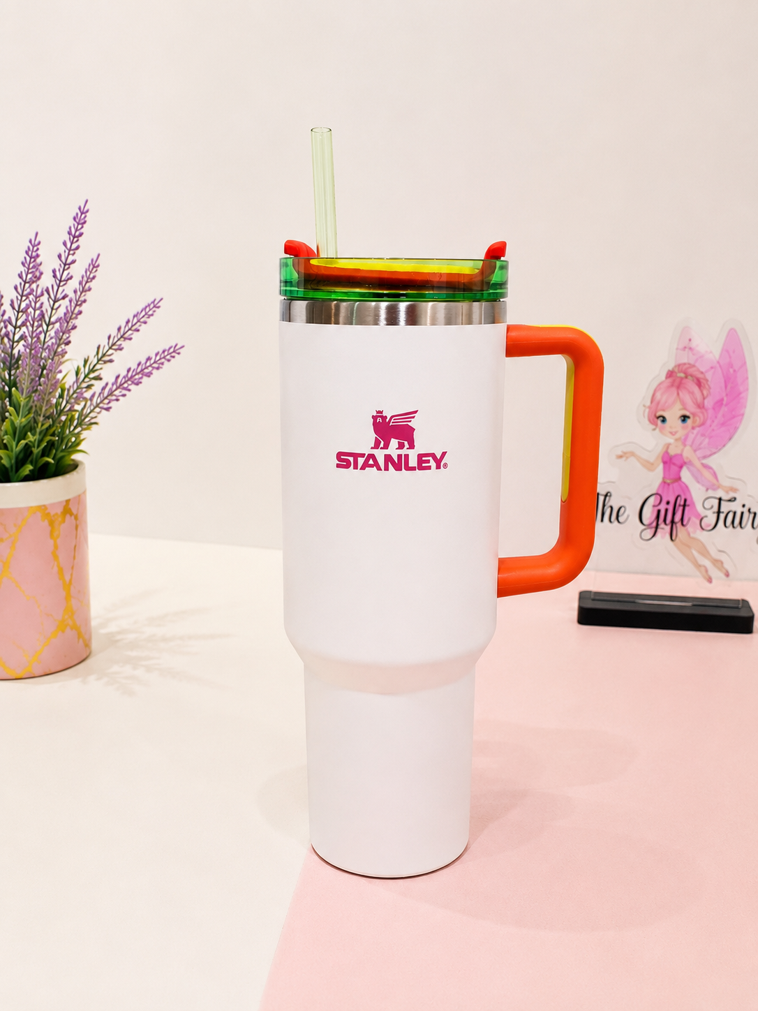 Stanley White Quencher Tumbler with Neon Handle | 40oz (1.18L) | Premium Edition 995B