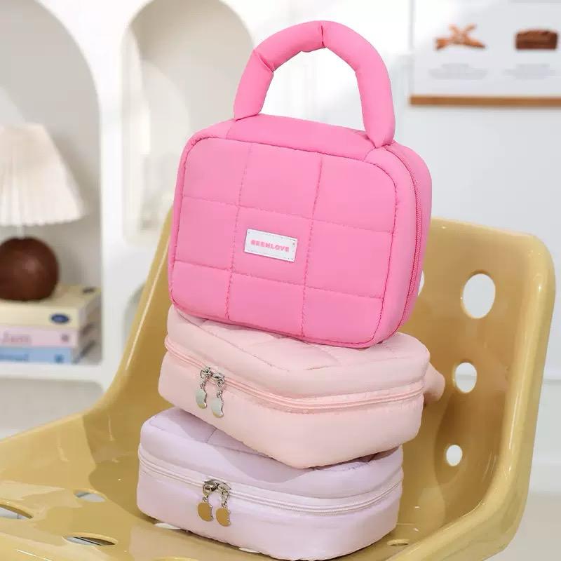 Quilted Puffer Makeup & Travel Pouch – Pastel Mini Handbag