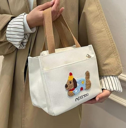 Cute Dog Embroidered Canvas Tote Bag | Everyday Shoulder Bag