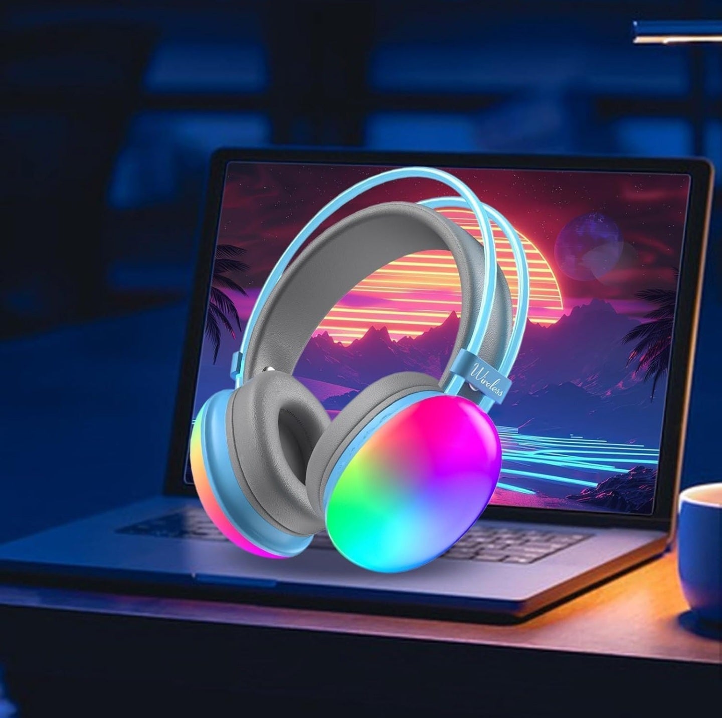 RGB Wireless Bluetooth Headphones V5.3 with RGB Lights, Active Noise Cancelling, and Hi-Fi Sound – Over-Ear Wireless Headphones with Built-in Mic, TF Card Support & USB Charging.