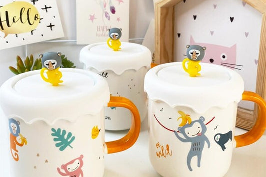 Cute Wild Monkey Ceramic Mug with Lid | Kids Cartoon Coffee Cup with Handle.