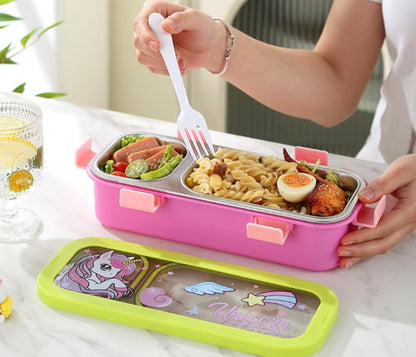 Kids Lunch Box with 2 Compartments | 600ml Stainless Steel Slim Compact Tiffin | Leakproof School Tiffin Dabba Box for Boys & Girls with Spoon & Fork | Lightweight -Space, Dino, Unicorn Prints.