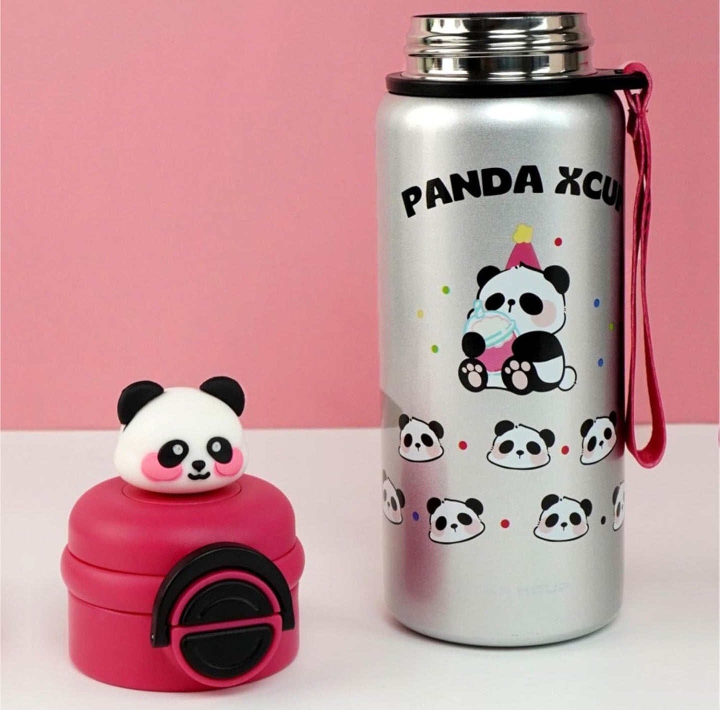 Cute Panda Water Bottle for School Kids (500ml) | Leak-Proof | Flip Cap & Strap |Dual Cap | Stainless Steel Bottle for Boys & Girls (White)