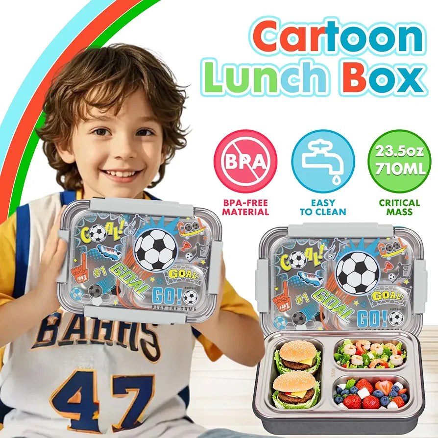 Vest Premium Stainless Steel Bento Lunch Box for Kids | 710ml (23.5oz) | Leak-Proof 3 Compartment | BPA-Free | Football Print