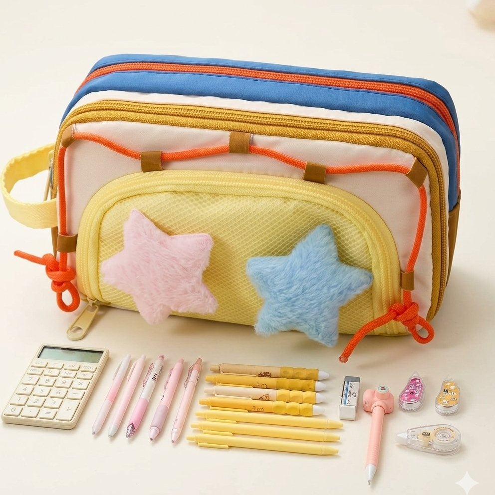 Cute 3-Layer Mesh Pencil Pouch with Fluffy Star Charms – Pastel & Colorful Design