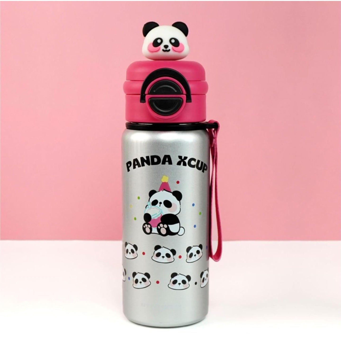 Cute Panda Water Bottle for School Kids (500ml) | Leak-Proof | Flip Cap & Strap |Dual Cap | Stainless Steel Bottle for Boys & Girls (White)