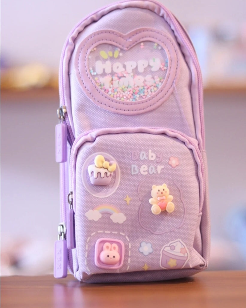 Cute Kawaii 3-Compartment Pencil Pouch – Heart & Glitter Design