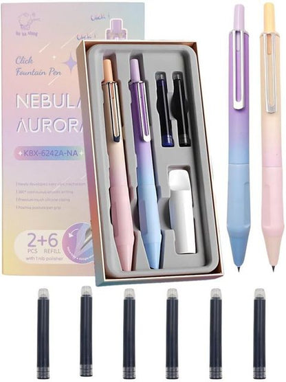 Nebula Aurora Click Fountain Pen Set | Refillable Aesthetic Fountain Pen.