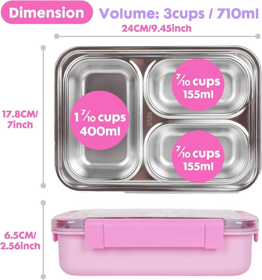 Premium Stainless Steel Bento Lunch Box for Kids | 710ml (23.5oz) | Leak-Proof 3 Compartment | BPA-Free | Kitty Print