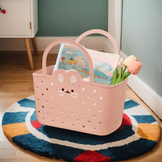 Cute Bunny Storage Basket for Kids – Plastic Tote with Handle