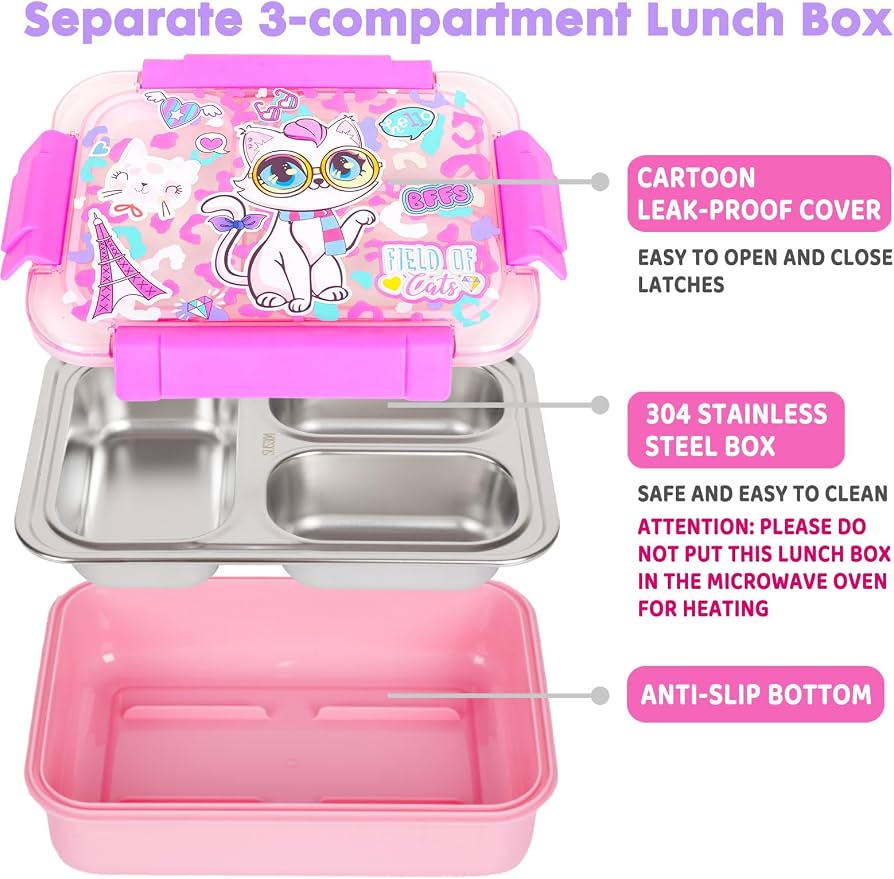 Premium Stainless Steel Bento Lunch Box for Kids | 710ml (23.5oz) | Leak-Proof 3 Compartment | BPA-Free | Kitty Print