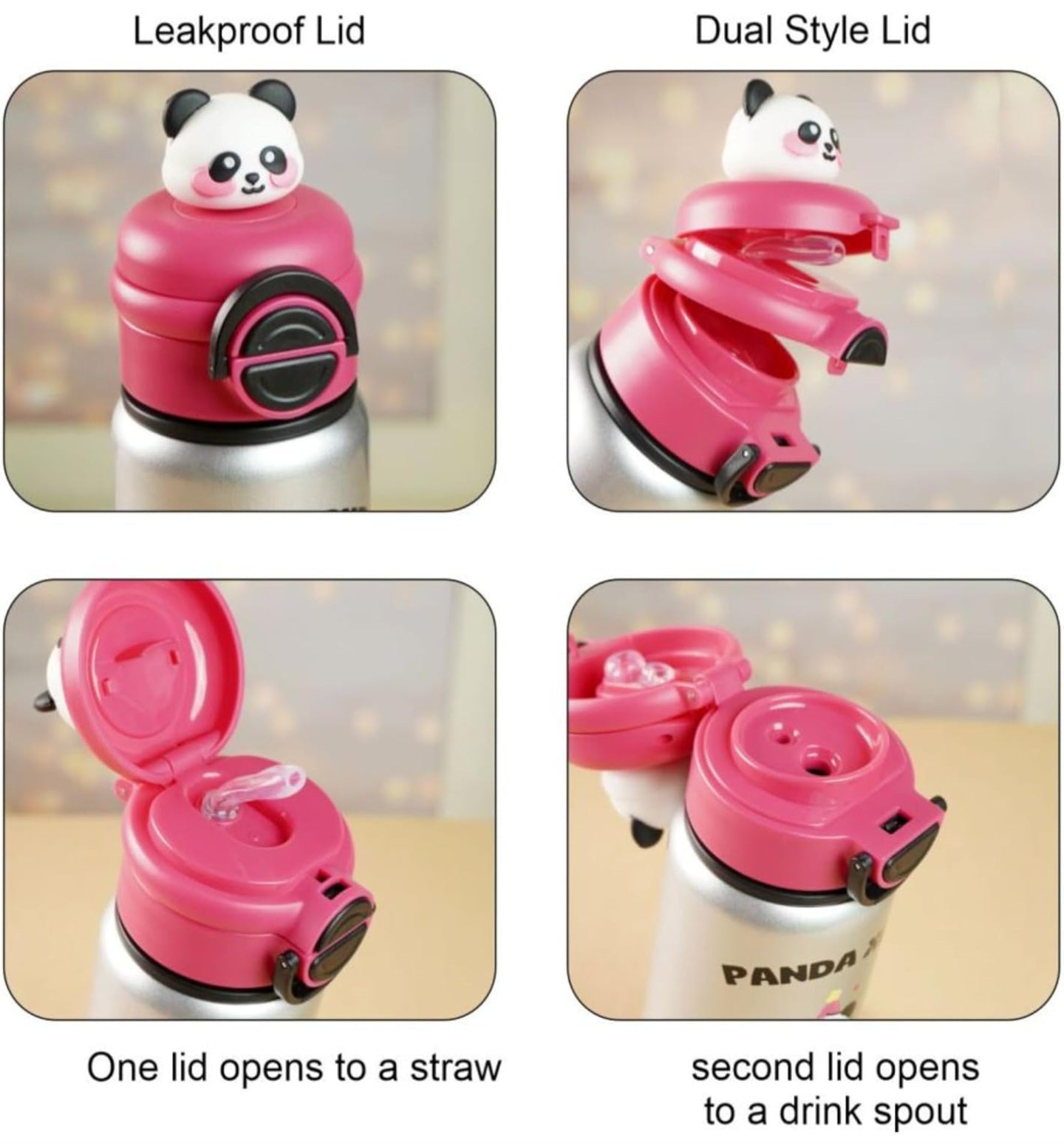 Cute Panda Water Bottle for School Kids (500ml) | Leak-Proof | Flip Cap & Strap |Dual Cap | Stainless Steel Bottle for Boys & Girls (White)