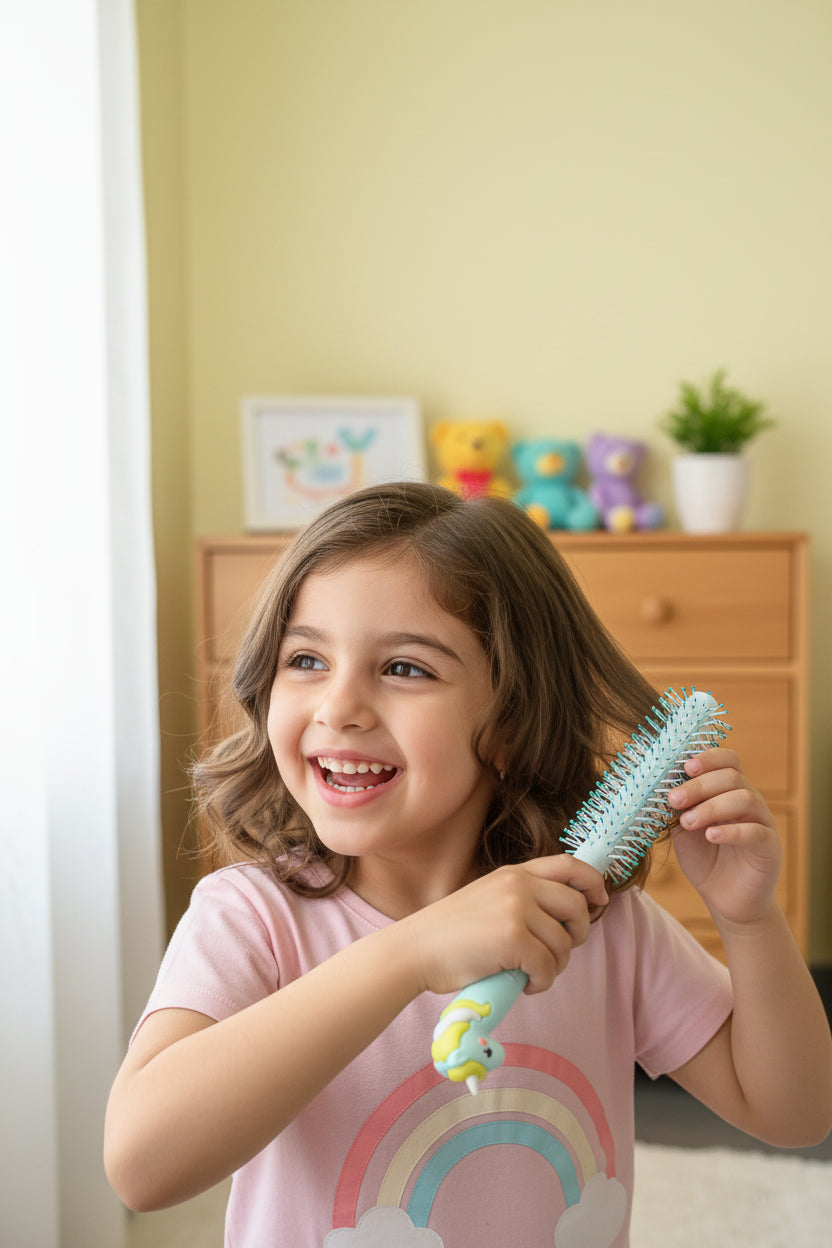 Cute Unicorn Round Hair Brush for Girls – Soft Pastel Styling Comb.