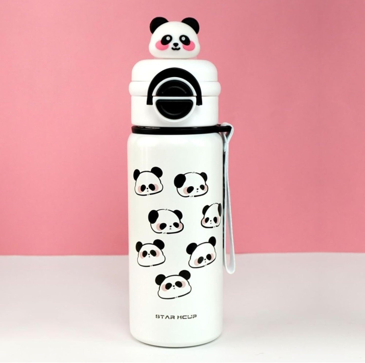 Cute Panda Water Bottle for School Kids (500ml) | Leak-Proof | Flip Cap & Strap |Dual Cap | Stainless Steel Bottle for Boys & Girls (White)