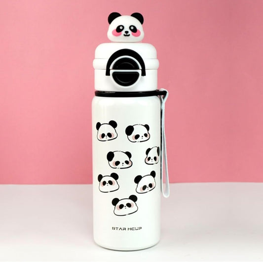 Cute Panda Water Bottle for School Kids (500ml) | Leak-Proof | Flip Cap & Strap |Dual Cap | Stainless Steel Bottle for Boys & Girls (White)