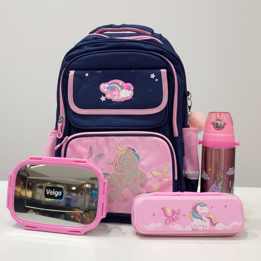 Unicorn School Backpack Set for Girls – 4 Pc Combo (Backpack, Lunch Box, Pencil Case & Bottle) [Blue Pink Combo]