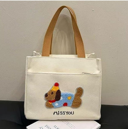 Cute Dog Embroidered Canvas Tote Bag | Everyday Shoulder Bag