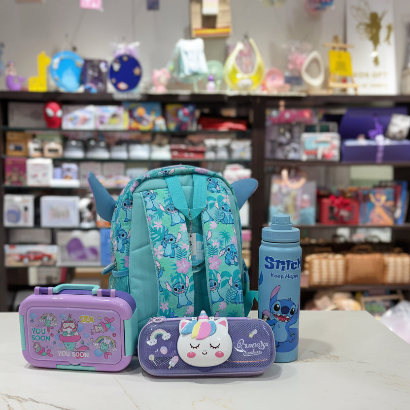 Stitch School Essentials Combo | Smiggle Backpack, Lunch Box, Bottle & Pouch| [4-8 years]