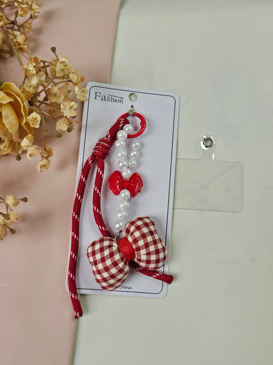 Red Gingham Bow Bag Charm with Pearl Beads & Rope Tassel | Aesthetic Bag Accessory