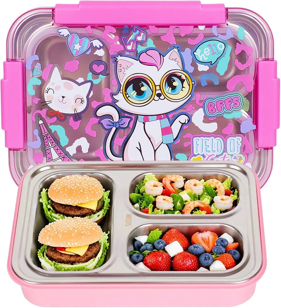 Premium Stainless Steel Bento Lunch Box for Kids | 710ml (23.5oz) | Leak-Proof 3 Compartment | BPA-Free | Kitty Print