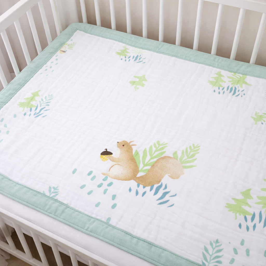 Baby Cotton Muslin Blanket – Cute Squirrel Print Soft Baby Swaddle